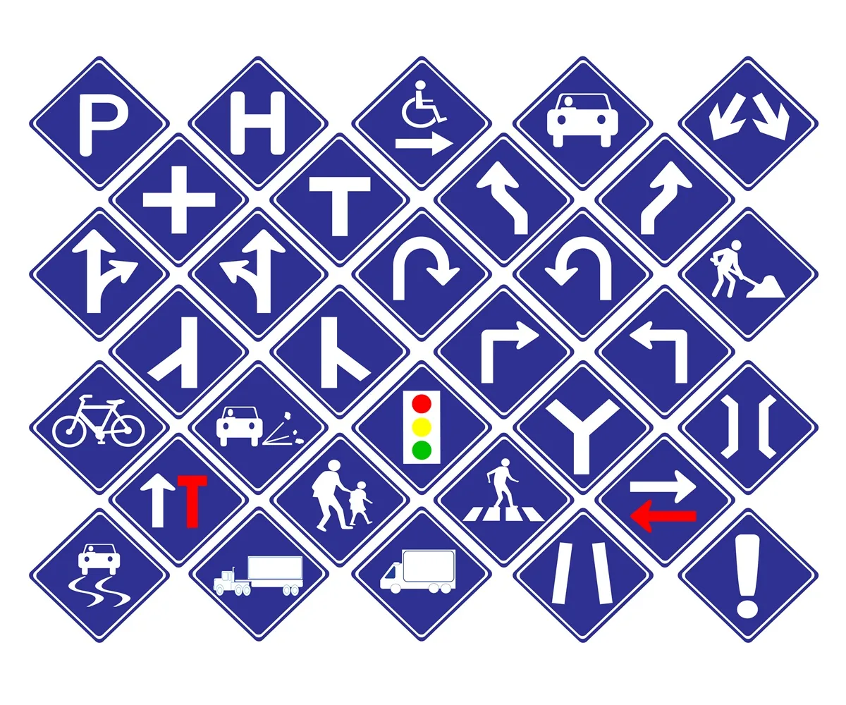 Traffic diamond shape blue road sign